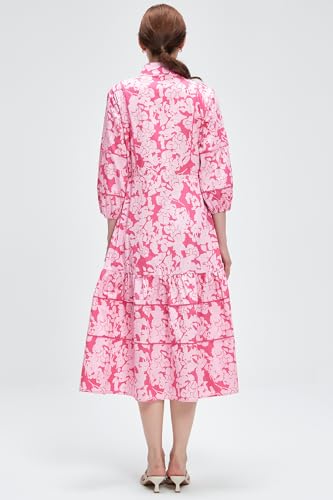 Image of D-Sun Women Floral Maxi Dress Elegant Printed Button Down 3 /4 Puff Sleeve Tiered A-Line Flowy Party Long Dress with Pocket