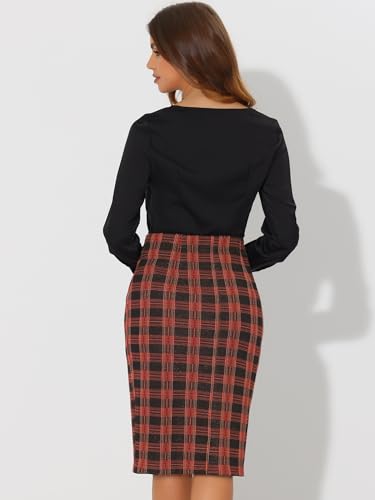 Allegra K Women's Elastic High Waist Knee Length Plaid Pencil Skirt with Side Zipper4