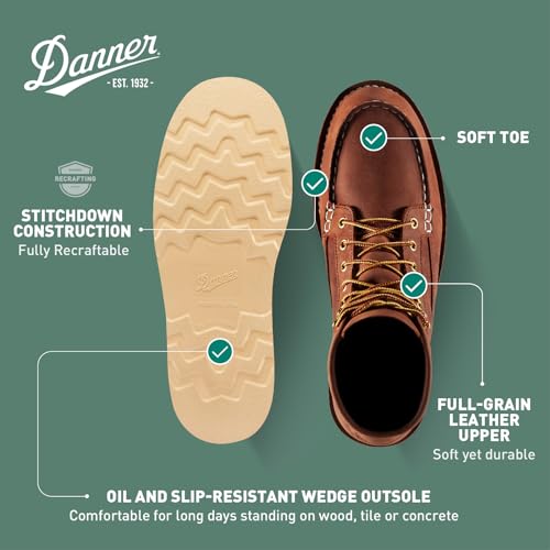 Image of Danner 6 inch Bull Run Moc Toe Work Boots for Men - Oiled Full-Grain Leather Upper with Non Slip Wedge Outsole and 3-Density Cushion Footbed, EH Resistant