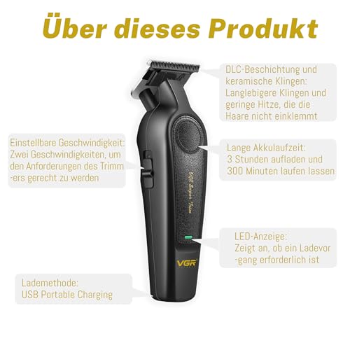VGR 995 Profi Haartrimmer für Herren Zero Gap Trimmer, Kabelloser Elektrischer Haarschneider mit 4 Kammaufsätzen, USB-C Haarschneider, Leiser Präzisionstrimmer für Reisen
