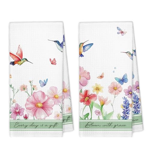 XBBMGG Summer Floral Hummingbird Kitchen Towels Set of 2, Spring Wildflower Butterfly Watercolor Dish Hand Tea Towels, Bird Flowers Decorative Towel for Bathroom Kitchen, 16x24 Inch