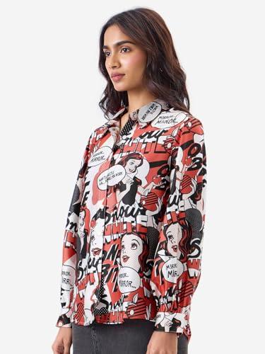 Image of The Souled Store Official Snow White Women and Girls Ballon Sleeve Collared Neck Button Front Multicolor All Over Print Regular Fit Polyester Satin Shirts