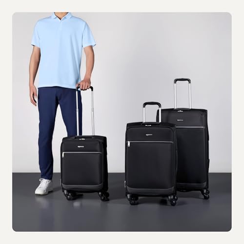 Image of Amazon Basics 3-Piece Set (21 inch, 23 inch, 28 inch), Softside Suitcases With Wheels, With Four 360-Degree Multi-directional Spinner Wheels, Expandable Space, Zippered Pocket and Straps, Telescopic Handle, Black