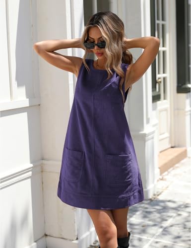 Image of Hooever Women's Corduroy Overall Dress Round Neck A Line Skirtall Jumper Mini Dress Pinafore with Pockets