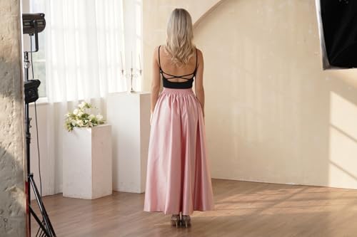 Women’s A-Line Satin Flared Maxi Skirt Long Floor Length High Waist Formal Prom Party Skirts with Pockets3