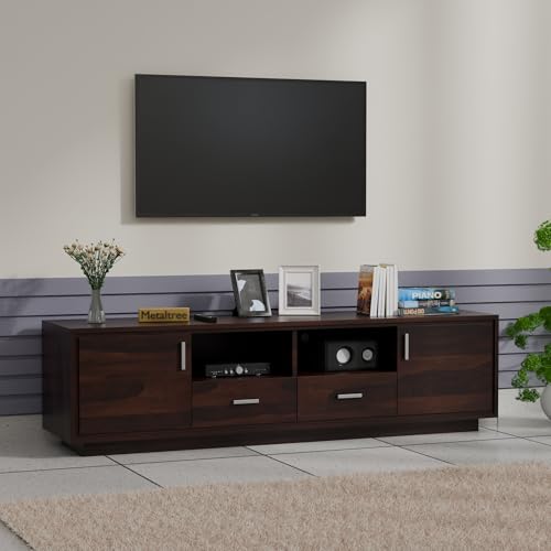 Image of Premium Solid Sheesham Wood TV Unit with 2 Drawers, 2 Shelves, and 2-Door Storage - Suitable for TVs up to 65 Inches - Elegant Living Room Furniture (Lynton, Walnut Finish)