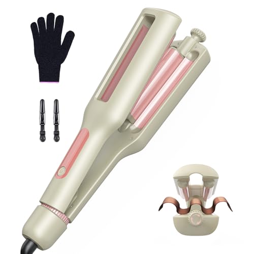 22/25/32/38mm Einstellbar Welleneisen für Haare - 4 In 1 Beach Waves Lockenstab, 3 Fässer Lockeneisen mit Anzeige, Verbrennungsschutz, Schnelle Heizung, 4 Temperaturen(140-210°C), Weiß
