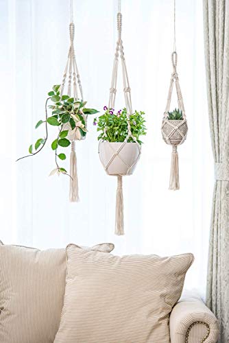 Image of ecofynd Cotton 3 Set Plant Hanger [Without Pot] | Rope Flower Pot Holder for Indoor Outdoor Balcony Garden Wall Com06 /Pack of 3, Ivory