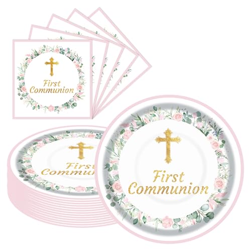 LDFDRT Pink Flower First Communion Plates and Napkins 9-Inch Disposable Paper Plates for Girls Religious Baptism Party Supplies Decorationsserve for 20