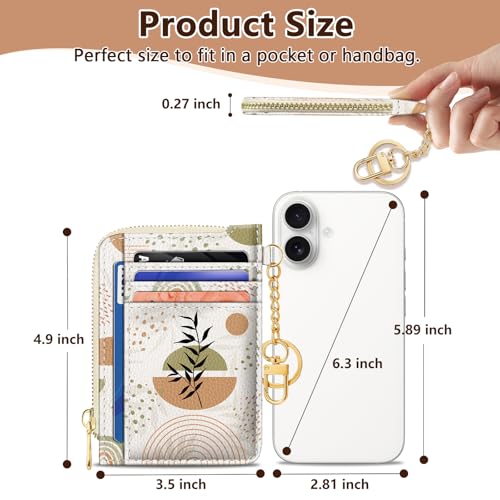 Image of GIANCOMICS Slim Wallet Credit Card Holder Women, Abstract Leaf Rfid Blocking Small Card Case, Keychain Thin Pocket Curved Zipper Wallet, Travel Card Holder PU Leather ID Window, Ladies Female Gifts
