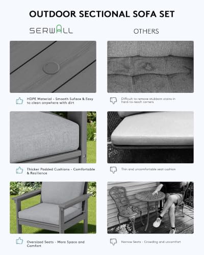 Image of SERWALL HDPE Outdoor Patio Furniture Set Outdoor Couch | All Weather Outdoor Sectional with Coffee Table & Side Table, Gray Frame & Gray Cushions