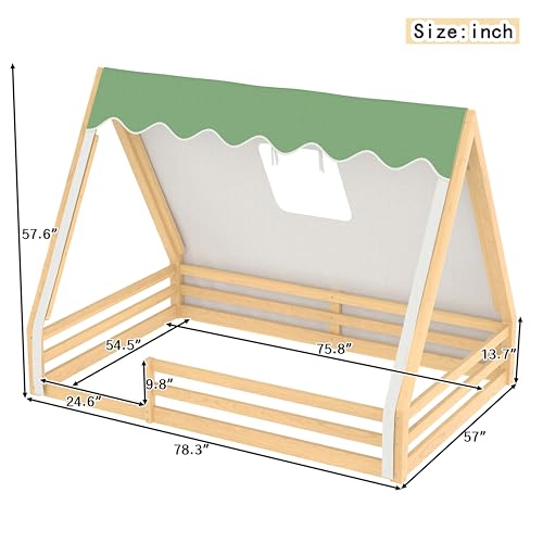 Image of CZBZ Full Size House Floor Bed with Canopy Tent and LED Lights, Wood Teepee Montessori Floor Beds Frame with Guardrails for Kids, Playhouse Design for Safe Sleep & Imaginative Play