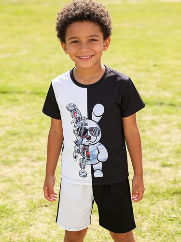 Image of KIDLAGA Kids Toddler Boy Clothes Outfits Bear Print Tee + Plaid Shorts 2 Pieces Summer Shorts Set