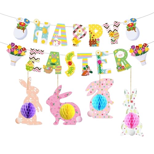 GWAWG 19 unidades Happy Easter Banner Decoración de Pascua Panal de Pascua Conejos Decoración 3D Festiva Decoración para Fiesta de Pascua Huevos de Pascua Banderines Decoración del Hogar para Fiesta