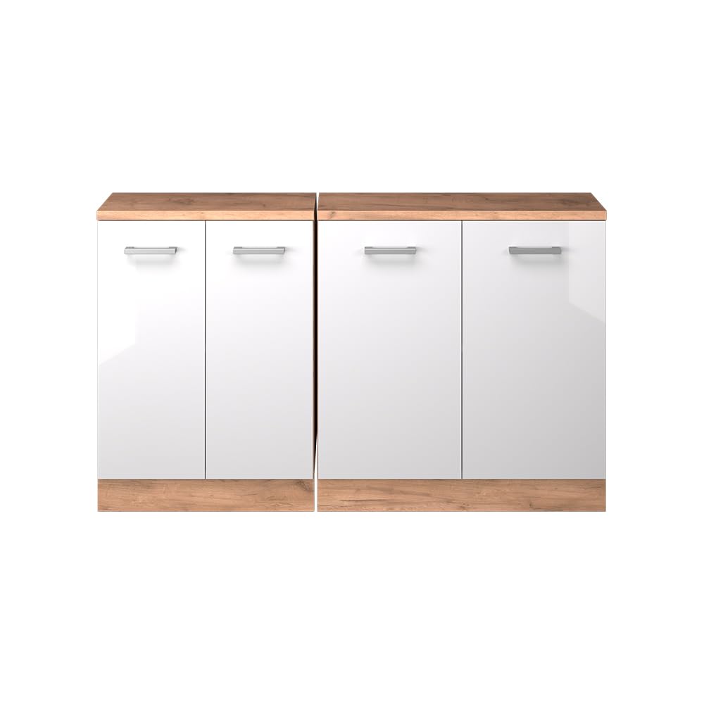 Vicco Küchenschrank für Dachschrägen R-Line, Weiß Hochglanz, 140 cm | 2er Set Schrankkorpuss 60 cm Tiefe, geeignet für schräge Wände und variable Küchenmontage