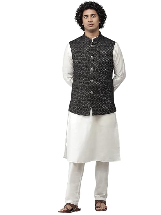 see designs Men Black & White Woven Jacquard Nehru Jacket-picture-37