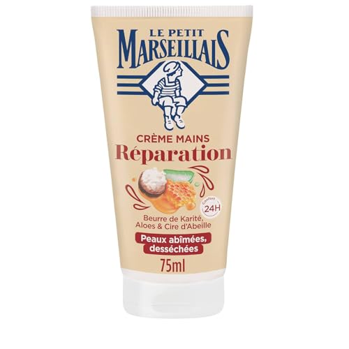 Le Petit Marseillais , Crème Mains Réparation Peaux Abîmées et Desséchées (tube de 75 ml) – Crème réparatrice au beurre de karité, aloès et cire d'abeille – Soin des mains confort 24 h