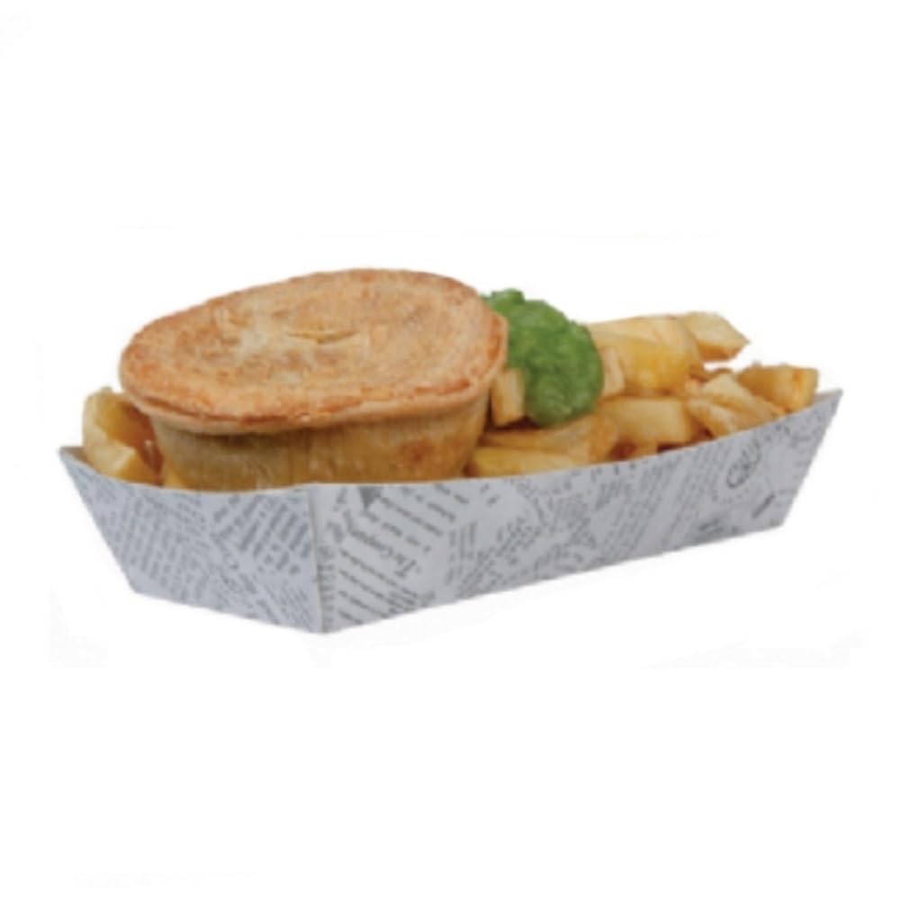 MustBeBonkers 100 - Newspaper Print Fish & Chips Fast Food Take Away Packaging Tray Burger Boxes (Large Open Tray)