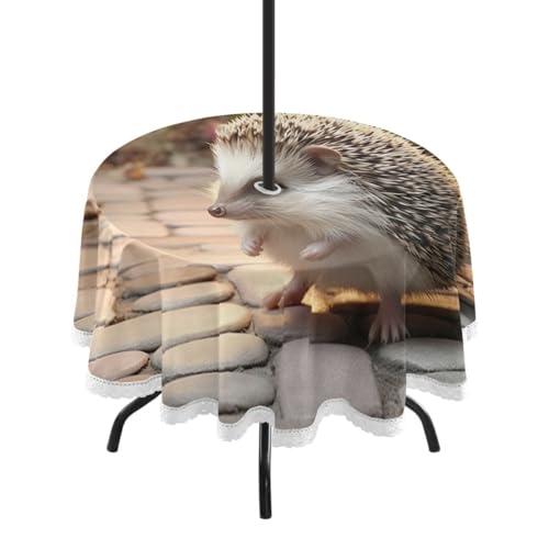 Wajiw 60 Inch Indoor Outdoor Round Tablecloth with Umbrella Hole and Zipper Waterproof Patio Table Cover for Camping Dining Room Party Outdoor Picnic,Hedgehog