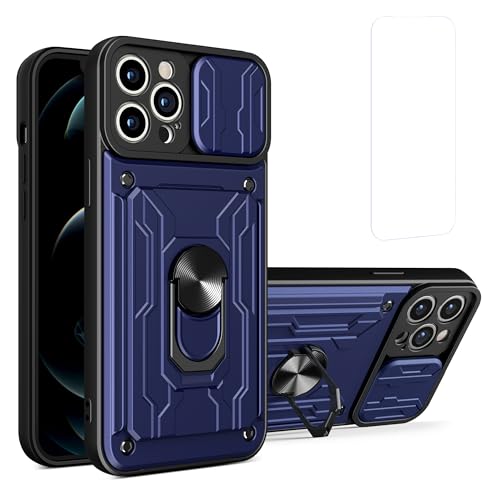 CAVAJP iPhone Case and 9H強化フィルム for Apple iPhone シリーズ カメラカバー、スライドレンズカバーと360°フィンガーリング安定したキックスタンドケースと頑丈な保護 iPhone 7/8/X/11/12/13/1