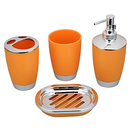 JynXos Bath Countertop Accessory Set, Soap Dispenser Pump, Toothbrush Holder, Tumbler, Wastebasket Trash Can - 4 Pieces (Orange)