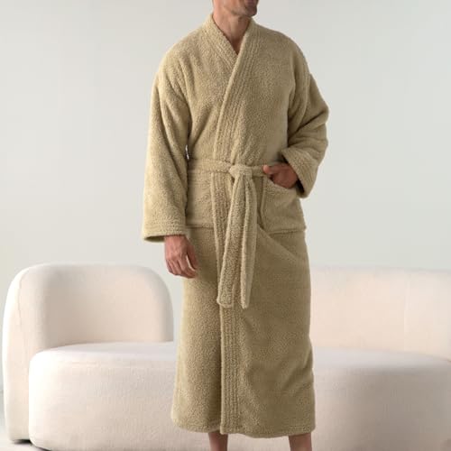 Lu's Chic Men's Billowy Fleece Bathrobe Belt Bath Robe Chic Calf Length Comfy Long Sleeve Home Cold Weather Nightwear2