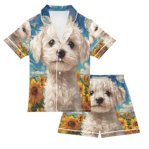 ALAZA White Dog Sunflower Blossom Satin Pajamas Set Short Sleeve Button Down Sleepwear Summer Pjs 2 Piece