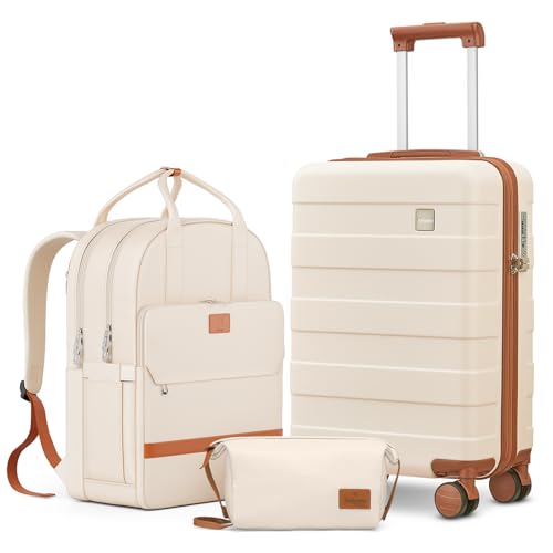 Image of imiomo Hard Shell 20 Inch Carry on Luggage 3 Piece Set with Travel Backpack, Lightweight Hardside Carry-On Suitcase with Spinner Wheels and TSA Lock, Beige