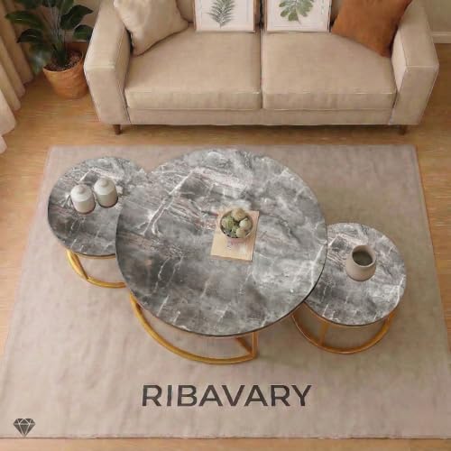 Image of Round Coffee Table Set of 3, Marble Laminated Accent Center Table with Sturdy Metal Base | Modern Foldable Nesting Stacking Tables for Living Room, Bedroom, or Apartments (Golden-Grey)