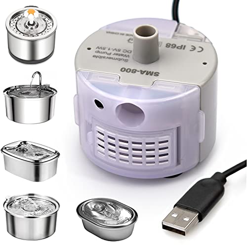 Water Fountain Pump for Stainless Steel Cat Drinking Fountain, Ultra Quiet Long Lifespan Replacement Round Pump with USB Cable, LED Lights