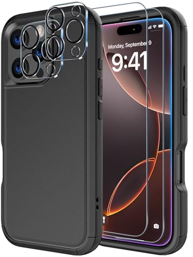 Image of Diverbox for iPhone 16 Pro Max Case [Shockproof] [Dropproof] [Tempered Glass Screen Protector + Camera Protectors] Heavy Duty Protection Phone Case Cover for Apple iPhone 16 Pro Max (Black)