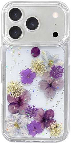 Coque iPhone 17 Pro Max fleurs séchées violettes et paillettes en TPU