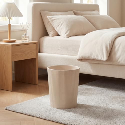 Image of GORESE Pu Leather Trash Can, 2.6 Gallon Wastebasket, Small Wastepaper Basket for Office, Bedroom, Living Room, Round Trash Bin Home Decor, Beige