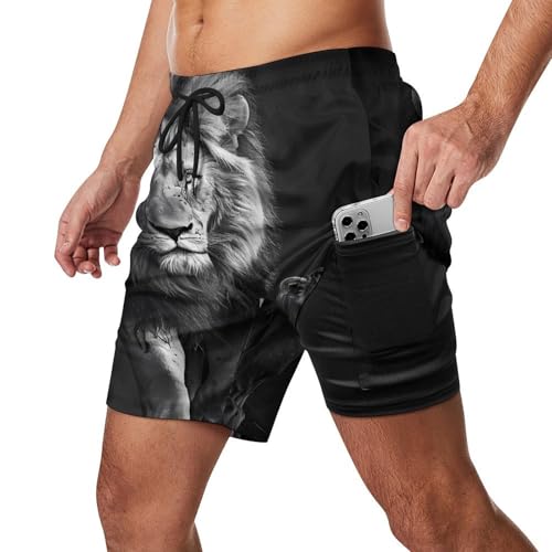 Black and White Animal Lion Mens Swim Trunks Quick Dry Beach Shorts Board Shorts Swimwear Bathing Suits with Mesh Lining2