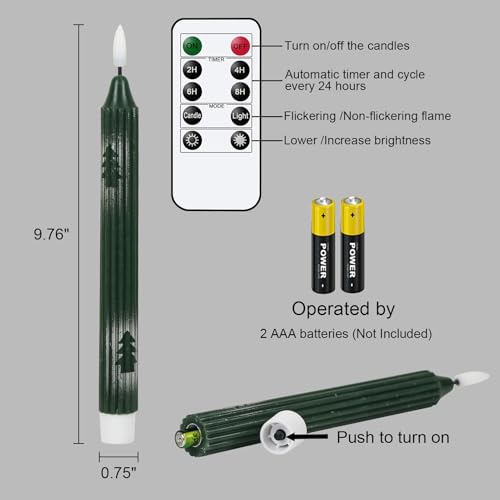 Image of Christmas Flameless Candlesticks, Green Flameless Taper Candles with Remote Timer, 6 Pack LED Tall Candlesticks Battery Operated Real Wax for Christmas Indoor Decorations(0.78 inch x 9.76 inch)