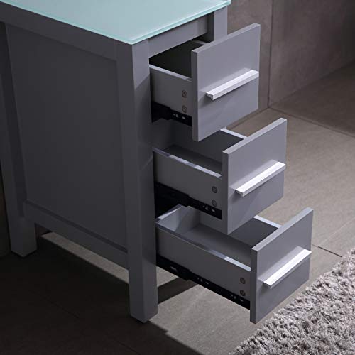 60\" Double Sink Gray Bathroom Vanity Paint MDF Wood Cabinet Glass Top w/Mirror, Faucet&Drain Set