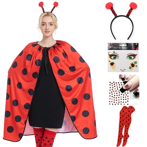 VeLoscient Marienkäfer Umhang Damen Ladybug Kostüm MarienkäFer Kostüm Damen mit Fühler Stulpen Nagelstickern und Face Art Sticker für Karneval Halloween ideal für Cosplay