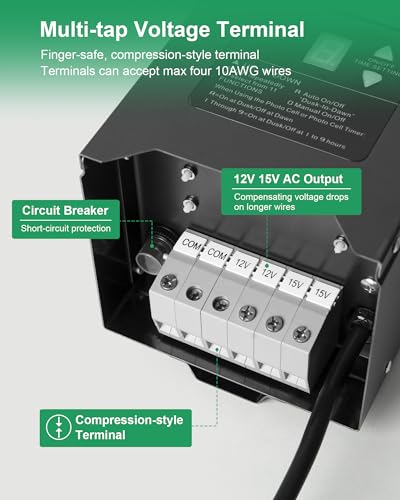 Image of 300W Low Voltage Landscape Transformer, Outdoor Landscape Lighting Transformer with Photocell Sensor & Timer, 120V AC to 12V /15V AC, Stainless Steel Waterproof Transformer, Black, ETL Listed