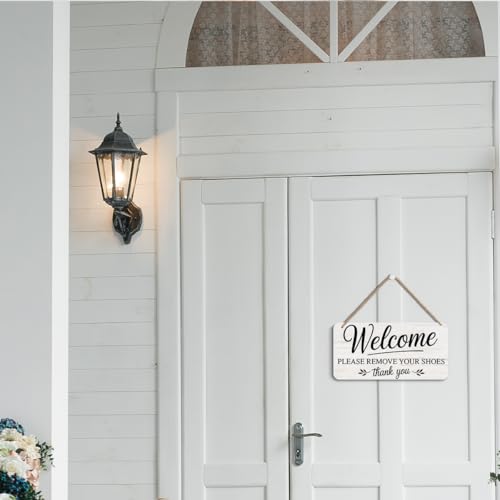 Image of Welcome Please Remove Your Shoes Hanging Wooden Wall Sign Decor, 12x6 Inch | Welcome Please Remove Your Shoes Sign Plaques for Home Accessories, Rustic Take Off Shoes Signs Entryway Decoration 12x6 Inch