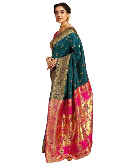 Image of Women's Paithani Silk Blend Saree with Blouse Piece, Woven Embellished Jacquard, Traditional