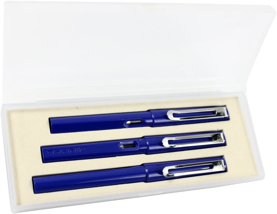 Stifte, Gelschreiber, Kugelschreiber, 3 Stück Kunststoffstifte, 1 Stück Füllfederhalter, 1 Stück feine Feder und 1 Stück Tintenroller mit Stiftbox – Gelb (Farbe: Dunkelblau)