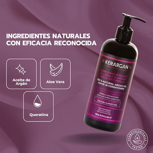 Kerargan - Cuidado Diario Disciplinante Sin Aclarado con Aceite de Argán para Cabello Indisciplinado, Seco y Rizado - Nutritivo, Anti-Frizz, Desenredante - Sin Sulfatos, GMO, Aceite Mineral - 350ml - imagen 3