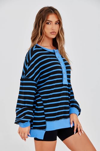 Tankaneo Womens Oversized Striped Sweatshirts Henley Shirts Color Block Casual Pullover Waffle Knit Tops Black Blue — view 3