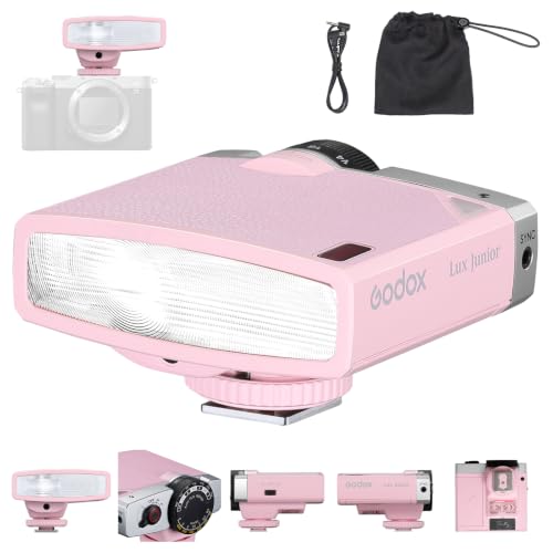 Image of Godox Lux Junior Retro Camera Flash with PC sync Ports (Pink, 4.6oz) | GN12, 1 /1-1 /64 Flash Power, Auto&Manual Modes, 6000±200K, 28mm Focal Length with Sync Cable for Canon Nikon Sony Fuji Olympus