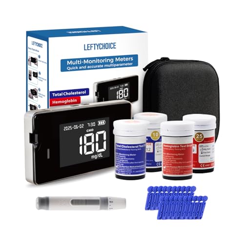 LEFTYCHOICE LCLBM-01 2 in 1 Total Cholesterol and Hemoglobin Levels Testing Kit Meter Quick Results Monitor At Home Blood Test for Anemia with 50 Hemoglobin and 20 Total Cholesterol Test Strips Lancets