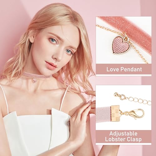 Heveer Samt Halskette Halsband Doppellagige Halskette mit Herz-Anhänger Verstellbare Gothic Choker für Damen Mädchen Rosa