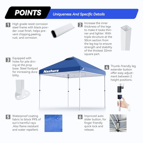 Nazhura 10' x 10' Pop Up Canopy Tent with Sand Weight Bag, Freestanding Sun Shelter for Picnic and Camping, One Person Setup and Height Adjustable (Blue) - Image 5