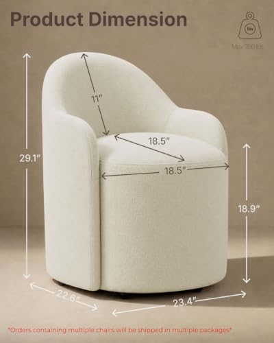 Image of KISLOT Upholstered Dining Chairs Set of 4 with Caster, Pre-Assembled, Ivory | Modern Dining Room Chairs with Wheels, Rolling Vanity Chair with Round Backrest for Kitchen, Bedroom, Dressing, Linen Fabric