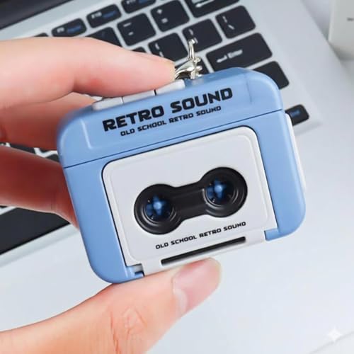 Image of Cassette Player | Retro Cassette Style Audio Recorder Device with Keychain Ring, 15 Second Message Recording Gadget, Cassette Design Body (Blue /Brown)