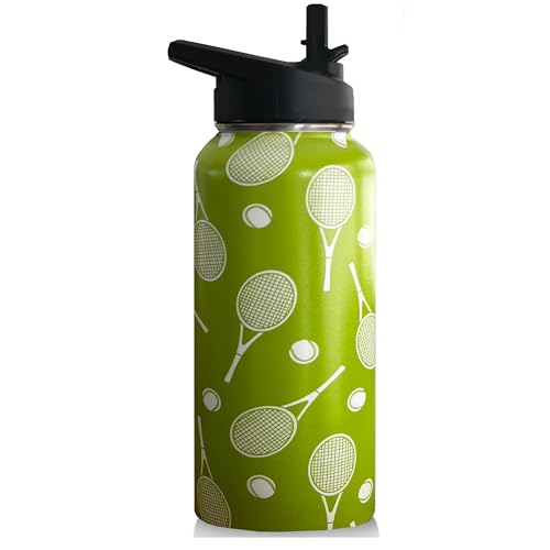 32oz Tennis Water Bottle Insulated Vacuum Stainless Steel Tumbler Travel Mugs With Straw for Sport...